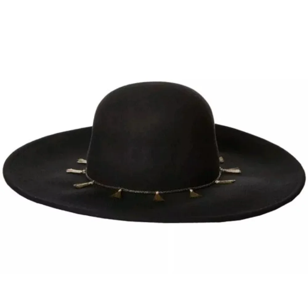 Vince Camuto Floppy Wool Hat Black Tasseled Chain Country Boho Coastal One Size